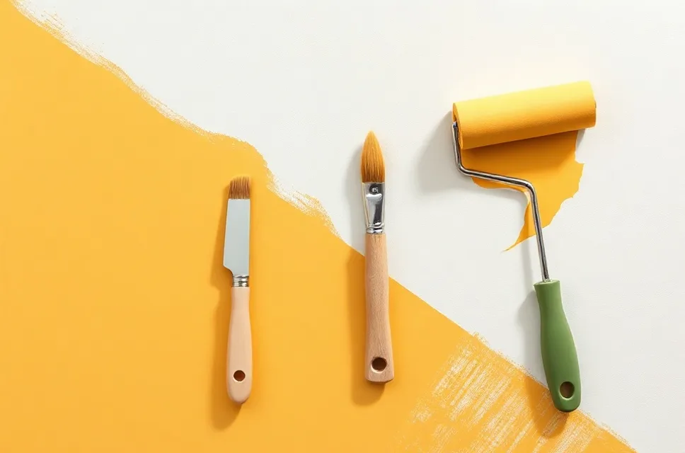 Outils de peinture disposés dans l'ordre des étapes du chantier