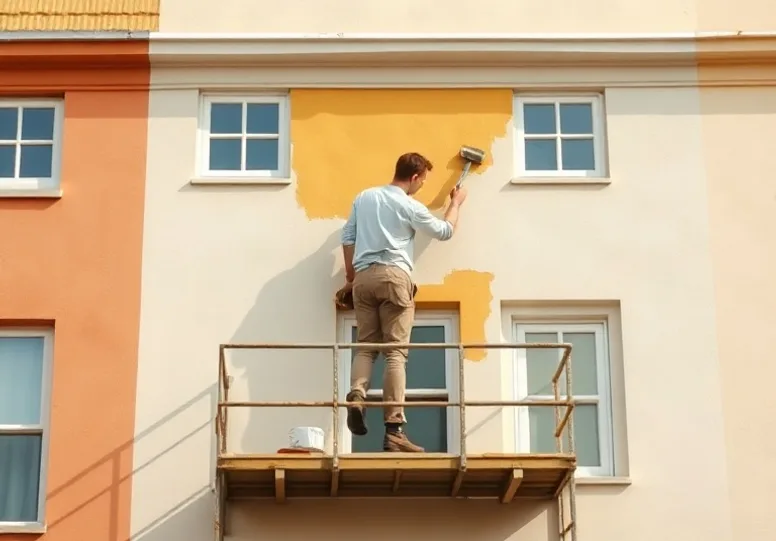 Peintre sur échafaudage traitant la façade d'une maison