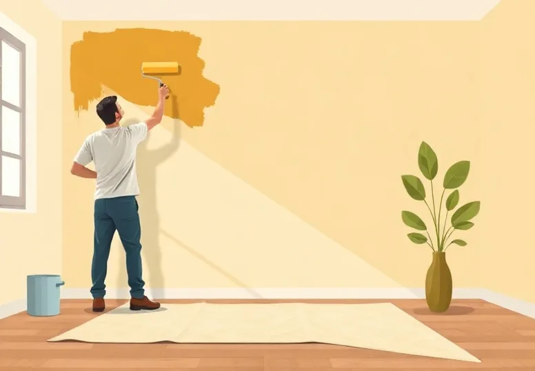 Peintre appliquant la peinture au rouleau sur un mur de salon